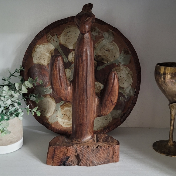 Vintage Mid-Century Large Carved Ironwood Saguaro Cactus with Bird of Prey/Hawk - Picture 2 of 16